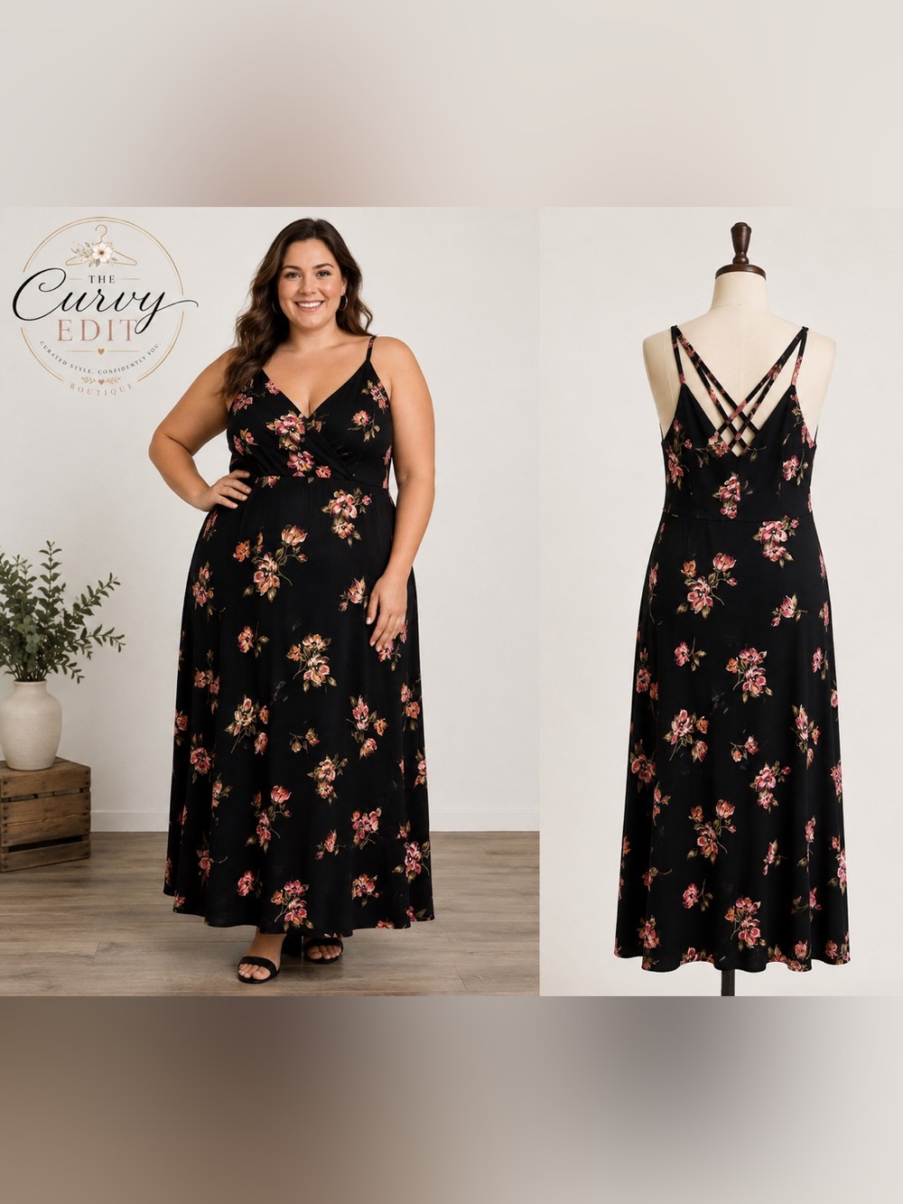 Nine Britton 2X Black Floral Cage Back Maxi Dress Strappy Boho Floral Romantic